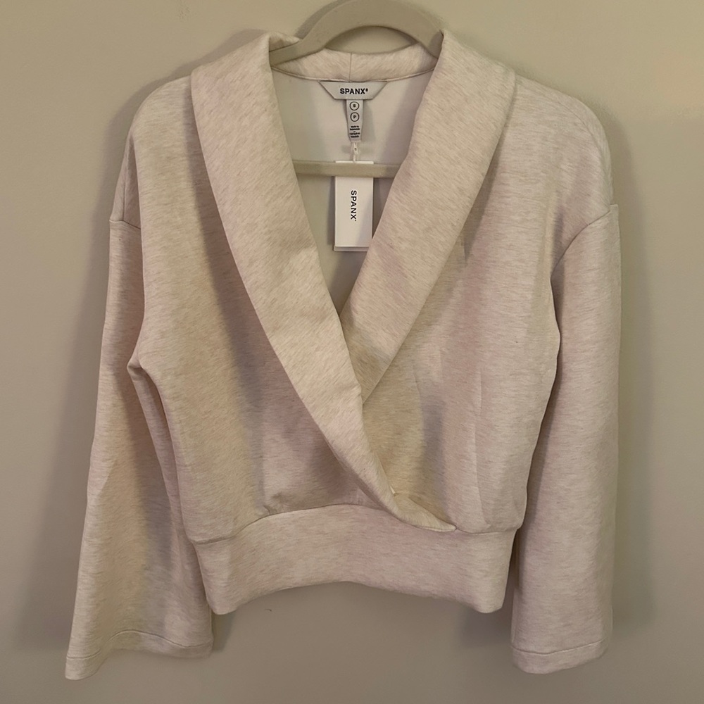 SPANX Cream Shawl Collar Cropped Sweatshirt Small with bell sleeves